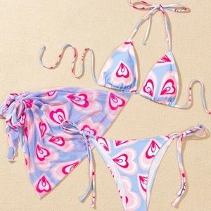 3 pack Heart Print Triangle Bikini Swimsuit